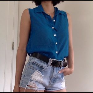 Blue Button Up Tank Top with High-Low Back